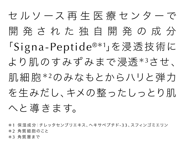 セルソース再生医療センターで開発された独自開発の成分「Signa-Peptide®＊1」を浸透技術により肌のすみずみまで浸透＊3させ、肌細胞＊2のみなもとからハリと弾力を生みだし、キメの整ったしっとり肌へと導きます。