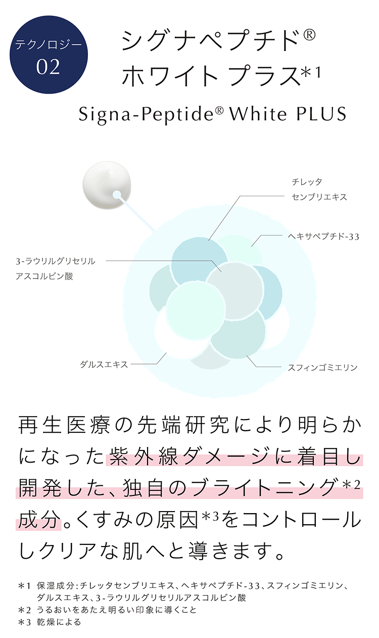 テクノロジー02 シグナペプチド ホワイトプラス 再生医療の先端研究により明らかになった紫外線ダメージに着目し開発した、独自のブライトニング＊2成分。くすみの原因＊3をコントロールしクリアな肌へと導きます。